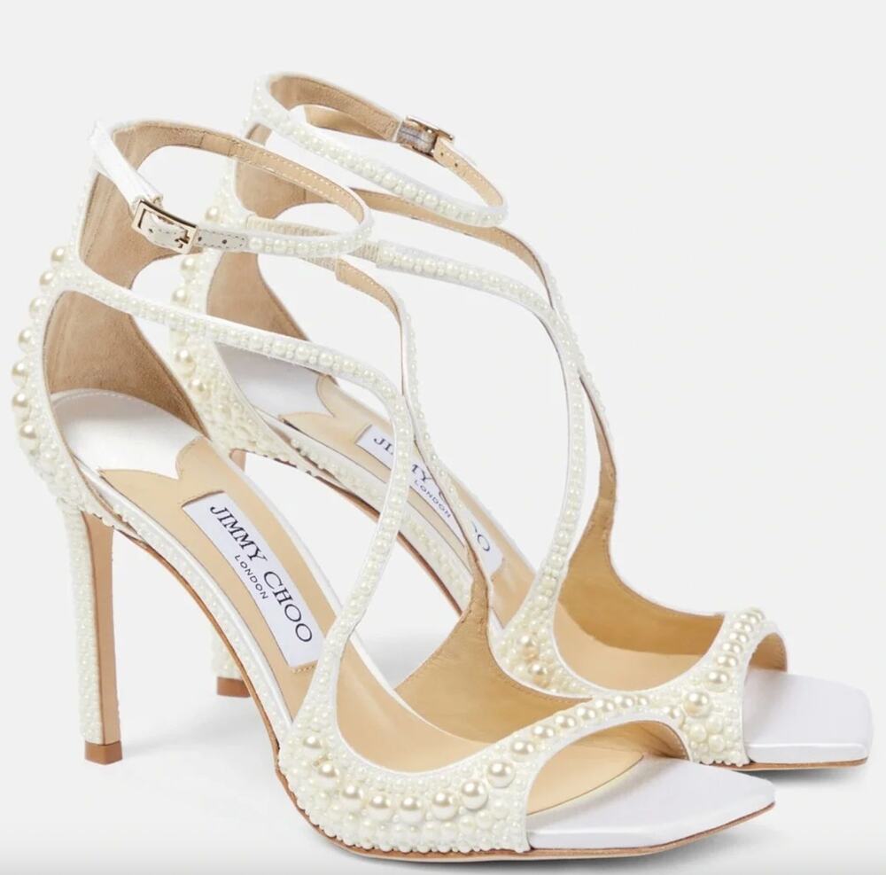 Jimmy Choo Azia 75mm Ivory Pearl Embellished High Heels Sandals Size 42 READ